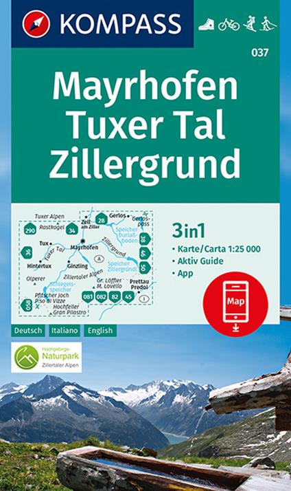 Carta escursionistica n. 037. Mayrhofen, Tuxer Tal, Zillergrund 1:25.000. Ediz. italiana, tedesca e inglese - copertina