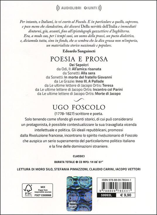 Poesia e prosa letto da Moro Silo, Stefania Pimazzoni, Claudio Carini, Iacopo Vettori. Audiolibro. CD Audio formato MP3 - Ugo Foscolo - 2