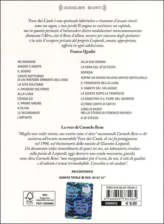 Voce dei Canti di Giacomo Leopardi. DVD - Carmelo Bene - 2