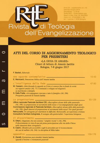 RTE Rivista di teologia dell'evangelizzazione. Supplemento (2018). Vol. 43: Atti del corso di aggiornamento teologico per presbiteri (Bologna, 7-8 giungo 2017) - copertina