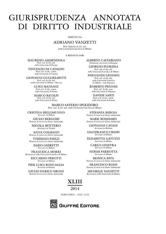 Giurisprudenza annotata di diritto industriale. Anno 43° (2014) - copertina