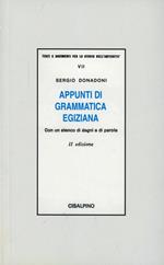 Appunti di grammatica egiziana con un elenco di segni e di parole