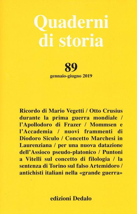 Quaderni di storia (2019). Vol. 89 - copertina