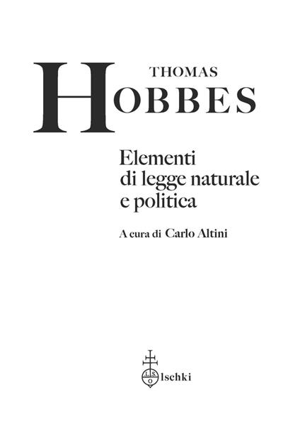 Elementi di legge naturale e politica - Thomas Hobbes - copertina
