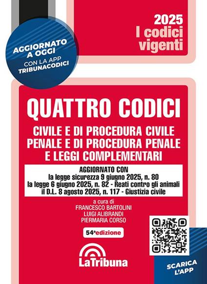 Quattro codici. Civile e di procedura civile, penale e di procedura penale e leggi complementari. Con App Tribunacodici - copertina