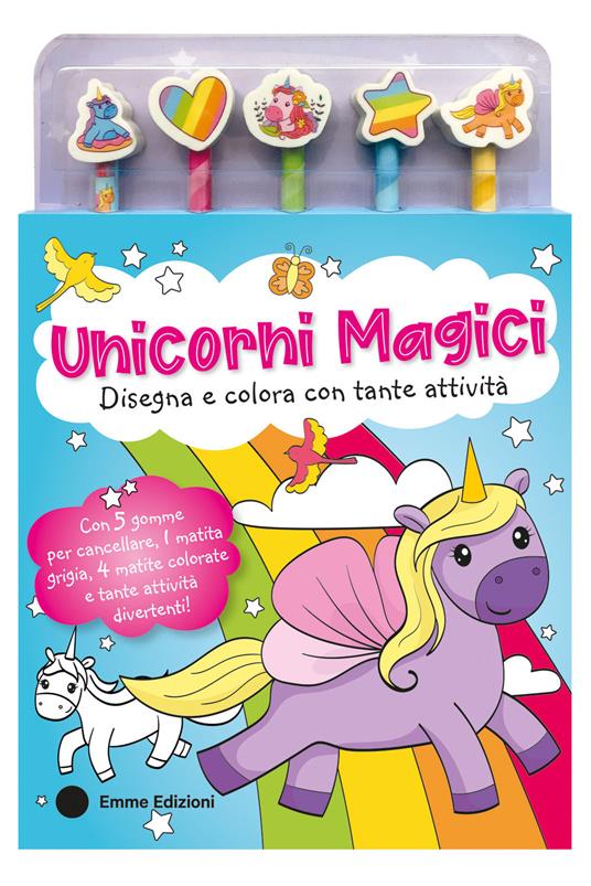 Unicorni magici. Ediz. illustrata. Con 5 matite colorate e 5 gomme - copertina