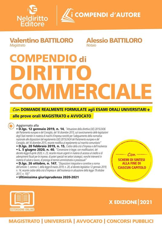 Compendio di diritto commerciale - Valentino Battiloro,Alessio Battiloro - copertina
