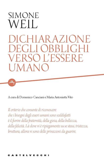 Dichiarazione degli obblighi verso l'essere umano - Simone Weil - copertina