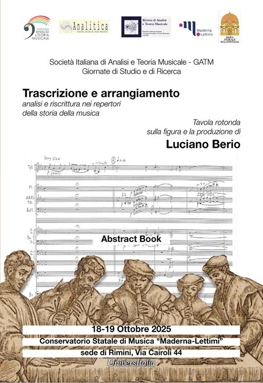 GATM. Giornate di studio e di ricerca. Trascrizione e arrangiamento: analisi e riscrittura nei repertori della storia della musica. Tavola rotonda conclusiva sulla figura e la produzione di Luciano Berio (Rimini, 18-19 ottobre 2025) Abstract book - copertina