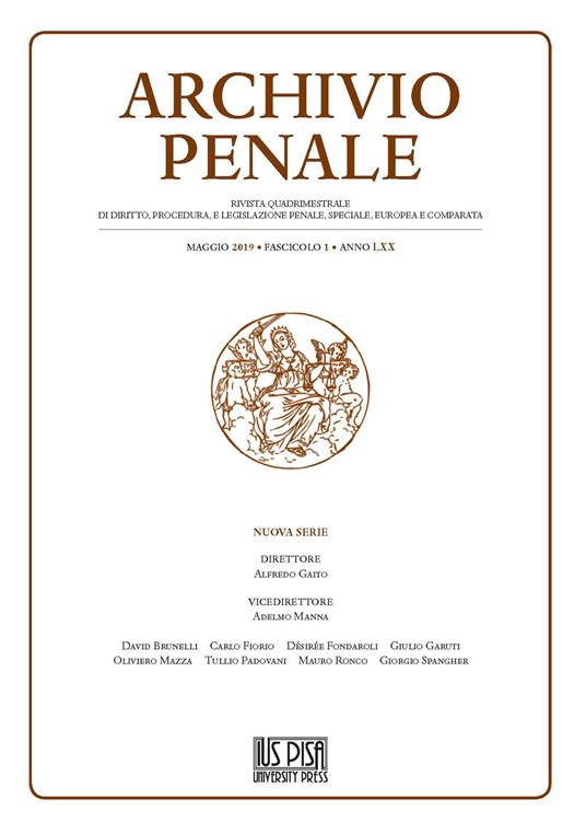 Archivio penale. Rivista quadrimestrale di diritto, procedura e legislazione penale, speciale, europea e comparata (2019). Vol. 1 - copertina