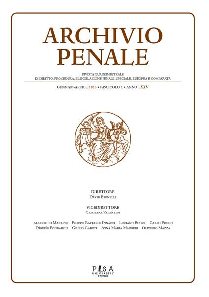 Archivio penale. Rivista quadrimestrale di diritto, procedura e legislazione penale, speciale, europea e comparata (2023). Vol. 1 - copertina