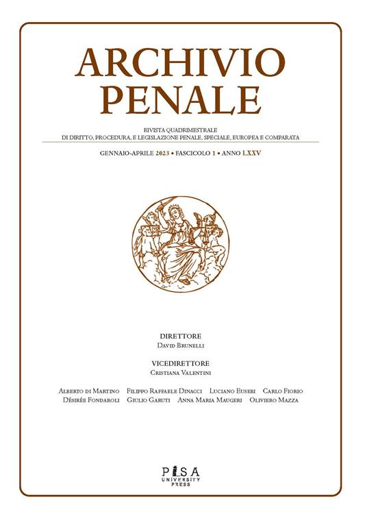 Archivio penale. Rivista quadrimestrale di diritto, procedura e legislazione penale, speciale, europea e comparata (2023). Vol. 1 - copertina