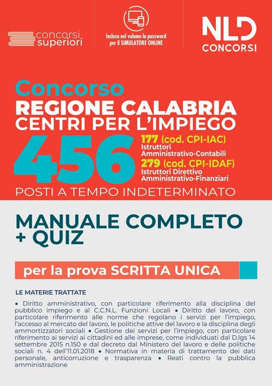 Concorso Regione Calabria Centri per l'impiego. 456 posti a tempo indeterminato. Manuale completo. Quiz. Con software di simulazione - copertina