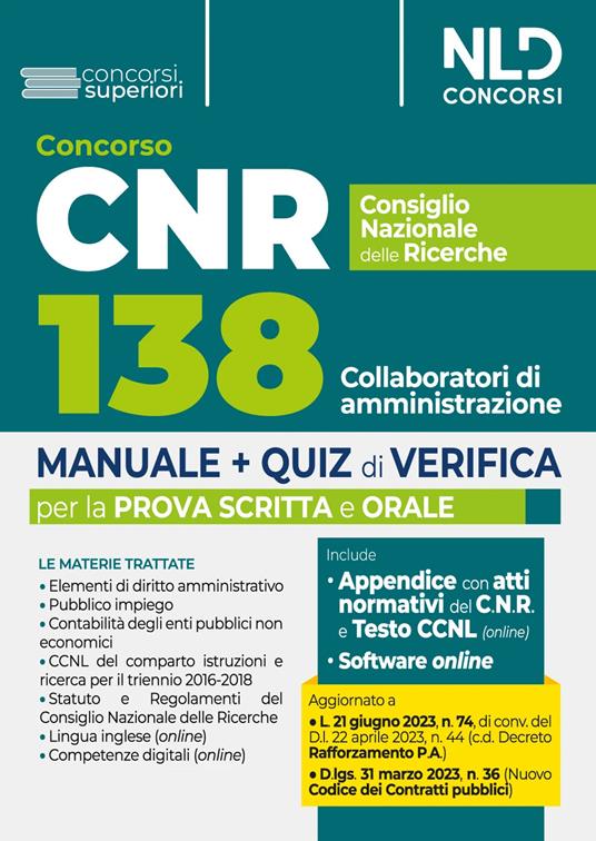 Concorso CNR Consiglio Nazionale delle Ricerche. Manuale + Quiz di verifica 138 Collaboratori di amministrazione - copertina