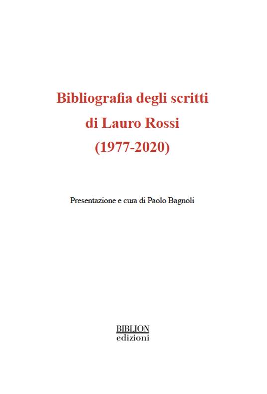 Bibliografia degli scritti di Lauro Rossi (1977-2020) - copertina