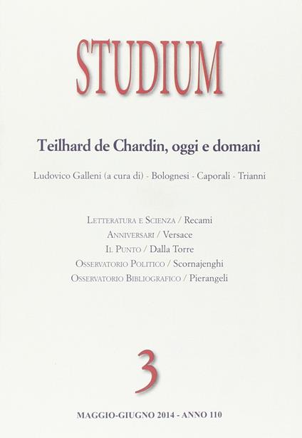 Studium (2014). Vol. 3: Teilhard de Chardin oggi e domani. - copertina