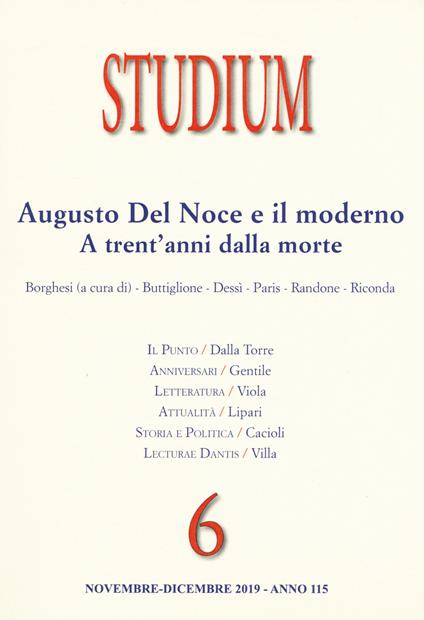 Studium (2019). Vol. 6: Augusto del Noce e il moderno. A trent'anni dalla morte. - copertina