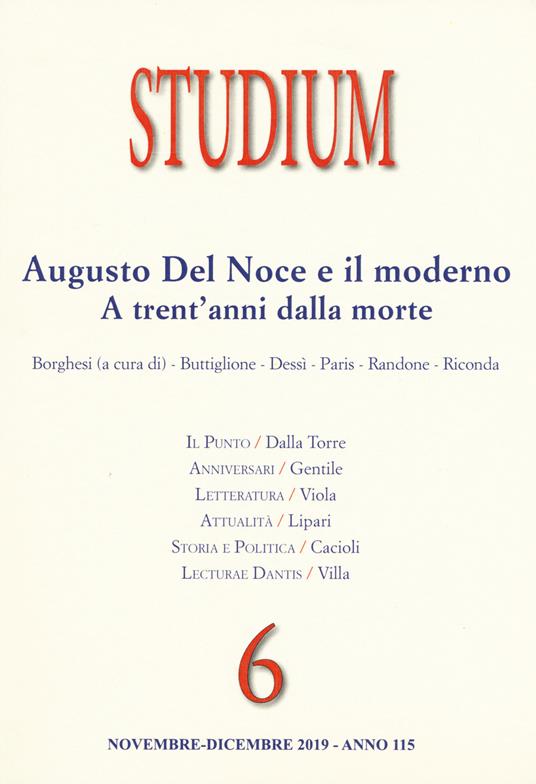 Studium (2019). Vol. 6: Augusto del Noce e il moderno. A trent'anni dalla morte. - copertina