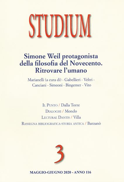Studium (2020). Vol. 3: Simone Weil protagonista della filosofia del Novecento. Ritrovare l'umano. - copertina