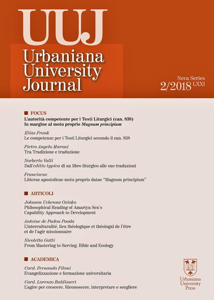 Urbaniana University Journal. Euntes Docete (2018). Vol. 02: L' autorità competente per i testi liturgici (can. 838). In margine al motu proprio Magnum principium - copertina