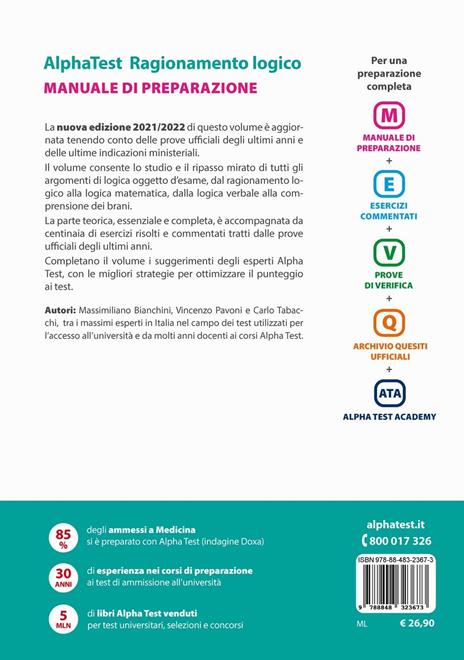 Alpha Test. Ragionamento logico. Manuale di preparazione. Nuova ediz. - Carlo Tabacchi,Massimiliano Bianchini,Vincenzo Pavoni - 2