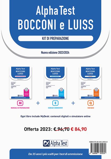 Alpha Test Bocconi Luiss. Kit di preparazione: Manuale di preparazione-Esercizi commentati-1800 quiz. Con MyDesk - Massimiliano Bianchini,Alessandro Lucchese,Marco Pinaffo - copertina