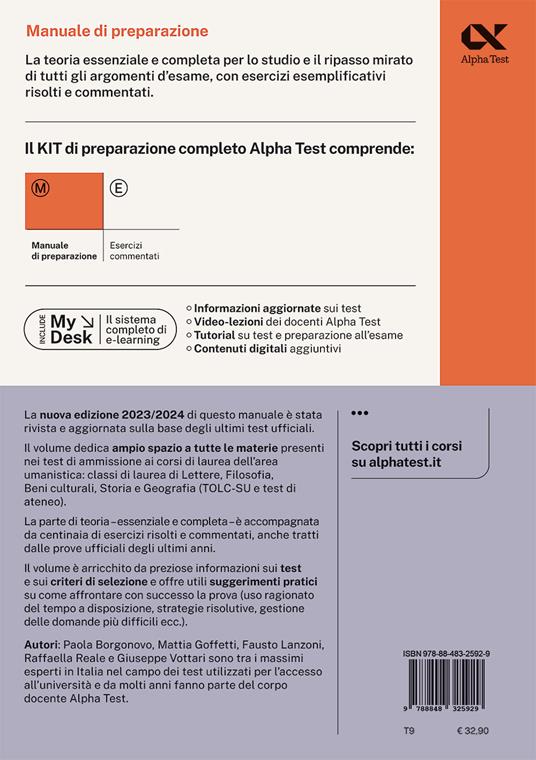 Alpha Test Lettere, Filosofia e Beni Culturali TOLC-SU. Manuale di preparazione - Paola Borgonovo,Mattia Goffetti,Fausto Lanzoni - 2