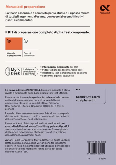Alpha Test Lettere, Filosofia e Beni Culturali TOLC-SU. Manuale di preparazione - Paola Borgonovo,Mattia Goffetti,Fausto Lanzoni - 2