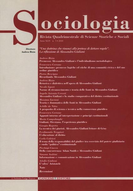 Sociologia. Rivista quadrimestrale di scienze storiche e sociali (2010). Vol. 3 - copertina