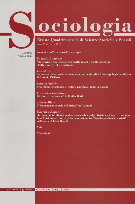 Sociologia. Rivista quadrimestrale di scienze storiche e sociali (2012). Vol. 1 - copertina