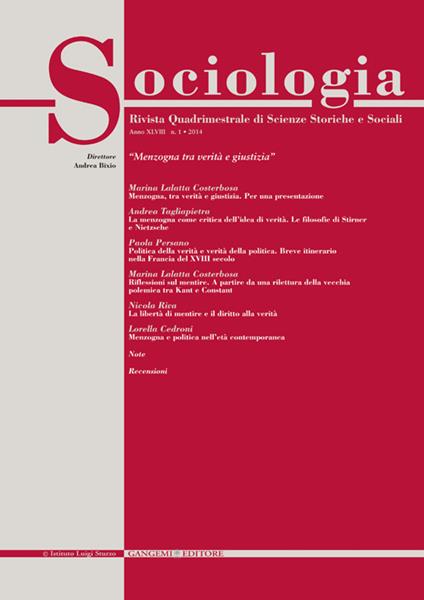 Sociologia. Rivista quadrimestrale di scienze storiche e sociali (2014). Vol. 1 - copertina