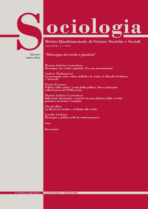Sociologia. Rivista quadrimestrale di scienze storiche e sociali (2014). Vol. 1 - copertina