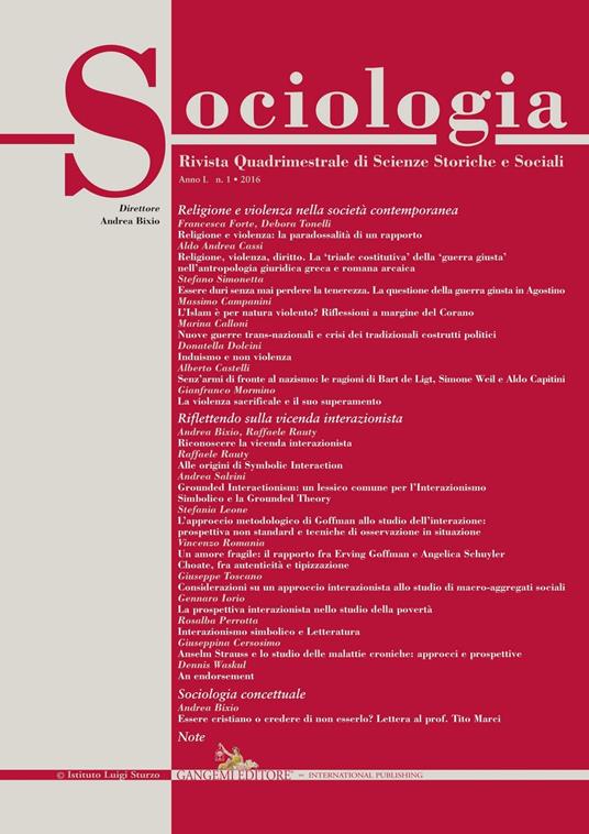 Sociologia. Rivista quadrimestrale di scienze storiche e sociali (2016). Vol. 1 - copertina