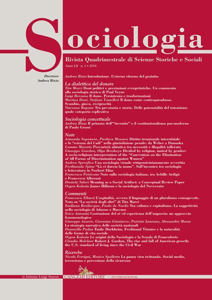 Sociologia. Rivista quadrimestrale di scienze storiche e sociali (2018). Vol. 1 - copertina