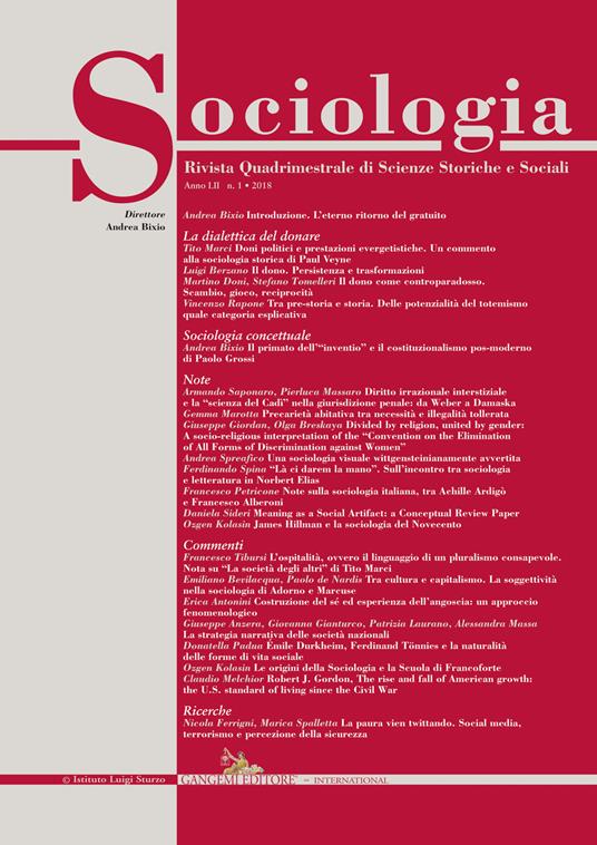Sociologia. Rivista quadrimestrale di scienze storiche e sociali (2018). Vol. 1 - copertina
