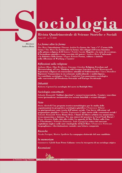 Sociologia. Rivista quadrimestrale di scienze storiche e sociali (2020). Vol. 3 - copertina