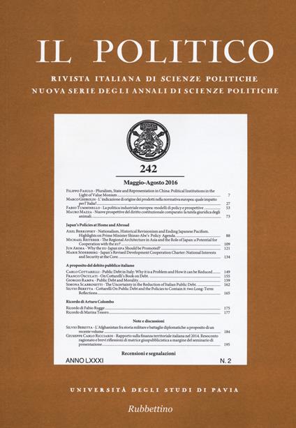 Il politico. Rivista italiana di scienze politiche (2016). Vol. 2 - copertina