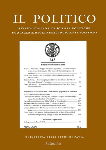 Il politico. Rivista italiana di scienze politiche (2016). Vol. 3 - copertina
