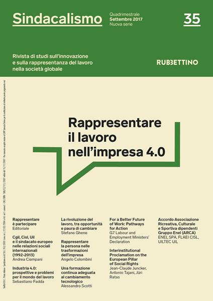 Sindacalismo. Rivista di studi sull'innovazione e sulla rappresentanza del lavoro nella società globale (2017). Vol. 35: Rappresentare il lavoro nell'impresa 4.0 (settembre). - copertina
