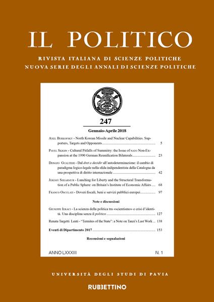 Il politico. Rivista italiana di scienze politiche (2018). Vol. 1: Gennaio-aprile. - copertina