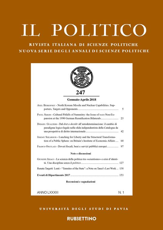 Il politico. Rivista italiana di scienze politiche (2018). Vol. 1: Gennaio-aprile. - copertina