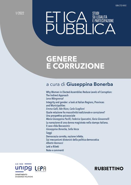 Etica pubblica. Studi su legalità e partecipazione (2022). Vol. 1: Genere e corruzione. - copertina