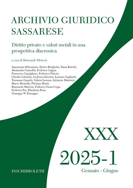Archivio giuridico sassarese (2025). Vol. 30/1: Diritto privato e valori sociali in una prospettiva diacronica - copertina