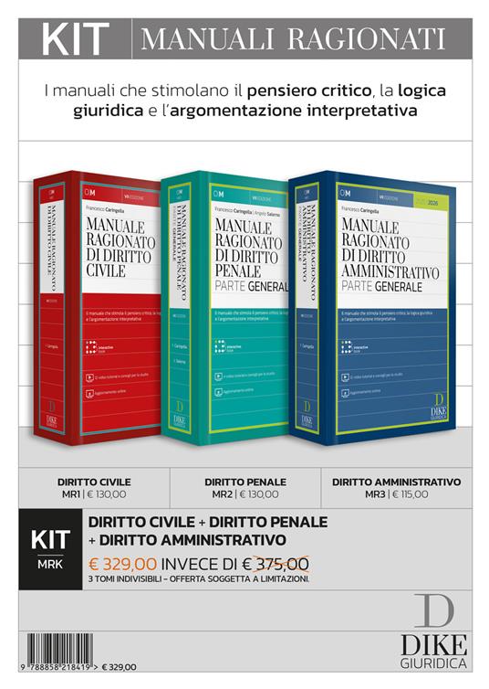 Kit. Manuali ragionati: Diritto civile-Diritto penale-Diritto amministrativo. Con aggiornamento online. Con interactive book. Con video tutorial e consigli per lo studio - copertina