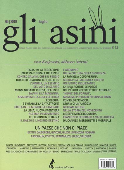 Gli asini. Rivista di educazione e intervento sociale (2019). Vol. 65: Viva Krajewski, abbasso Salvini - copertina