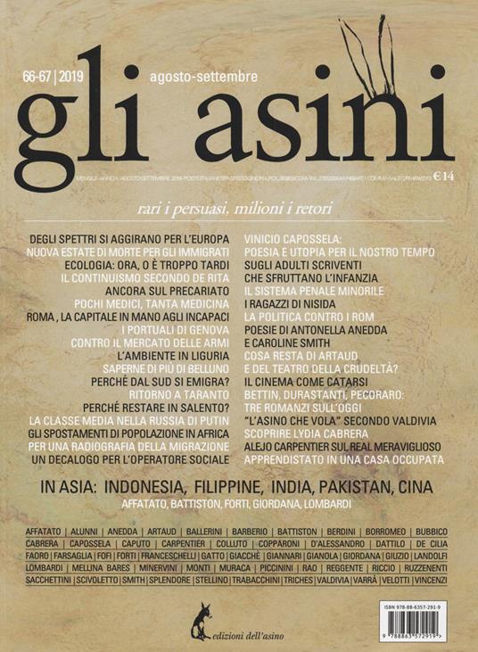 Gli asini. Rivista di educazione e intervento sociale (2019). Vol. 66-67: Agosto-settembre. Rari i persuasi, milioni i retori - copertina