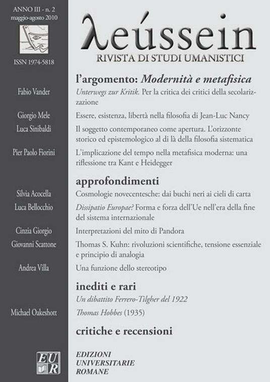 Modernità e metafisica. Rivista di studi umanistici. Anno III. Vol. 2 - Associazione Culturale Leusso - ebook
