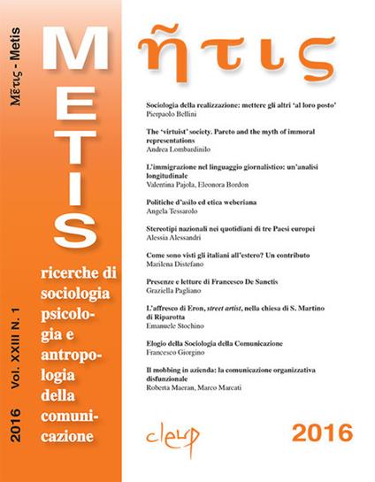 Metis. Ricerche di sociologia, psicologia e antropologia della comunicazione (2016). Vol. 23 - copertina