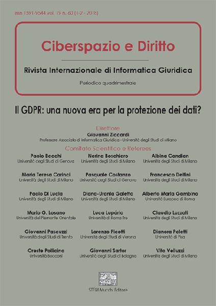 Ciberspazio e diritto. Il GDPR: una nuova era per la protezione dei dati? (2018). Vol. 1-2 - copertina