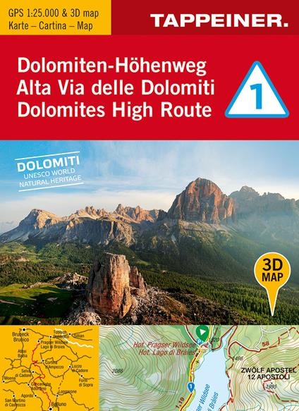 3D-Wanderkarte Dolomiten-Höhenweg 1. Cartina escursionistica 3D Alta Via delle Domiti 1. 1:25.000. Ediz. tedesca, italiana e inglese - copertina